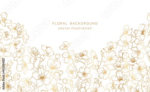 Gold sakura flower hand drawn background. Floral cherry blossom japanese plant leaf golden frame design. Spring vintage bouquet luxury pattern. Vector illustration nature summer card