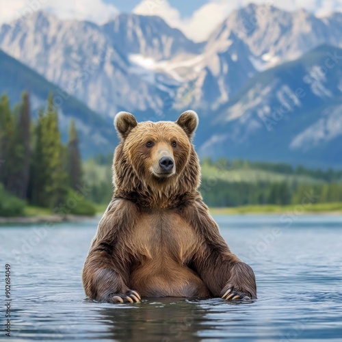 A majestic grizzly bear sitting in a serene mountain lake with lush greenery and towering mountains in the background, capturing the essence of wilderness and natural beauty. photo