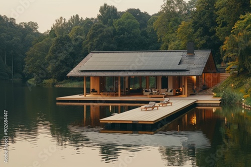 Modern lakeside house with wooden exterior representing contemporary architecture and natural living. © Leo