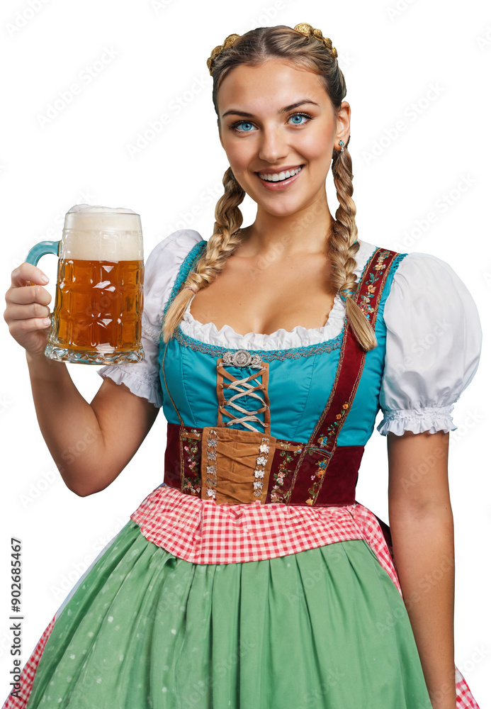 young blonde woman carries a beer mug full of beer with foam in her right hand, wears a dirndl, blonde wig as hair as hairstyle, broad smile and friendliness young blonde woman carries a beer mug full of beer with foam in her right hand, wears a dirndl, blonde wig as hair as hairstyle, broad smile and friendliness
