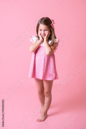 Close-up portrait of her she nice-looking attractive lovely sweet curious cheerful cheery smart clever girl creating new idea solution fantasize copy space isolated pink pastel color background