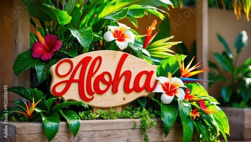 Aloha Sign Surrounded by Tropical Flowers and Leaves
