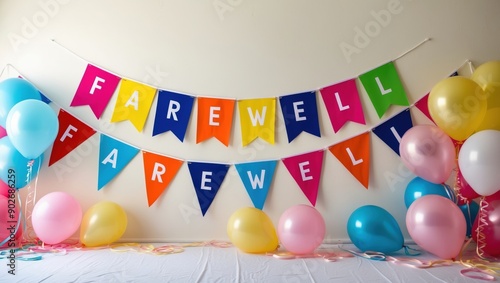 Colorful Farewell Party Decorations with Banners and Balloons

