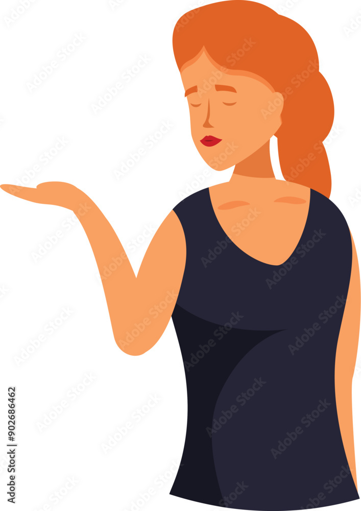 Businesswoman with red hair wearing a black dress presenting something with open hand palm up