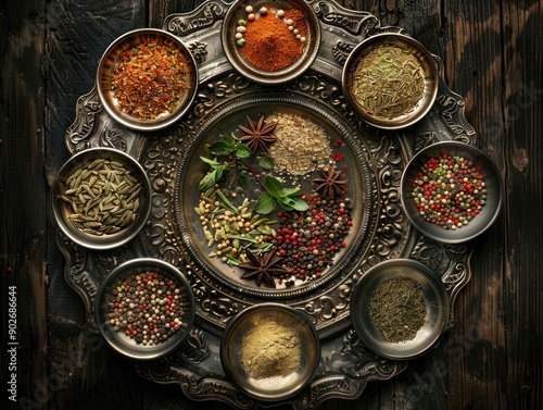 Assortment of Spices in Antique Bowls on a Wooden Tray