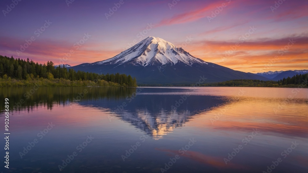 Snow-Capped Mountain Reflected in Tranquil Lake at Sunset
Snow-Capped Mountain Reflected in Tranquil Lake at Sunset