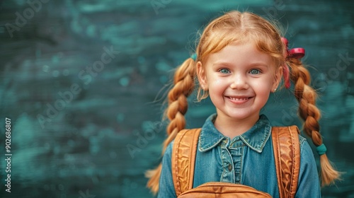 A young girl with braided hair beams with joy as she stands in front of a school chalkboard photo