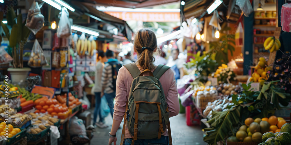 caucasian woman. A woman with a backpack walks through a bustling Asian market filled with colorful fruits and vegetables. caucasian woman. A woman with a backpack walks through a bustling Asian market filled with colorful fruits and vegetables.