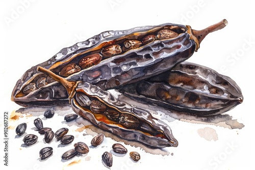 Wallpaper Mural Exotic Fragrant Tonka Bean Essence. Hand-drawn Watercolor Illustration of Organic Caribbean Spice Torontodigital.ca