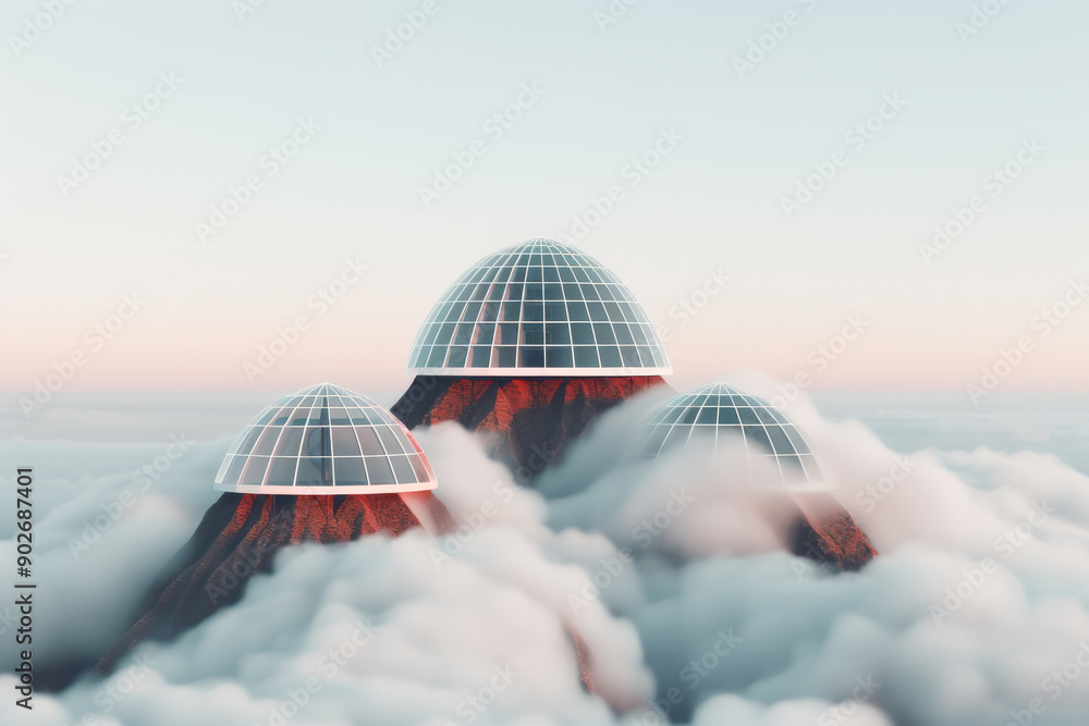 Obraz premium A surreal landscape featuring three dome structures emerging from soft clouds, evoking a sense of mystery and tranquility.