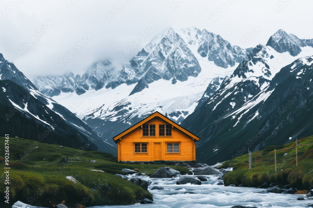A vibrant orange cabin surrounded by majestic mountains and a clear stream, perfect for nature and adventure enthusiasts. A vibrant orange cabin surrounded by majestic mountains and a clear stream, perfect for nature and adventure enthusiasts.