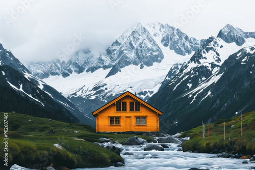 A vibrant orange cabin surrounded by majestic mountains and a clear stream, perfect for nature and adventure enthusiasts.