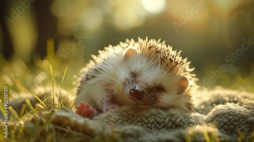 A baby hedgehog curled up in the morning sun