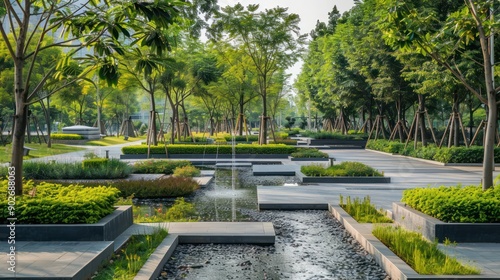 Urban park landscape with water features and sustainable design elements photo