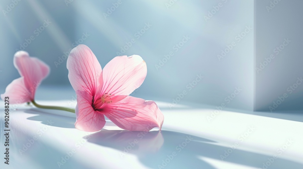 Delicate pink flower on white surface Delicate pink flower on white surface