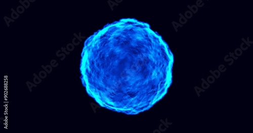 An abstract blue glowing sphere with the image of a virus or celestial body. Concepts such as technology and information communication.