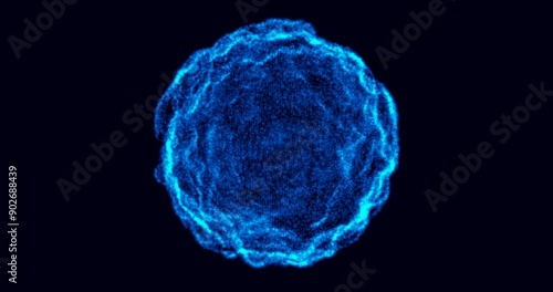 An abstract blue glowing sphere with the image of a virus or celestial body. Concepts such as technology and information communication.