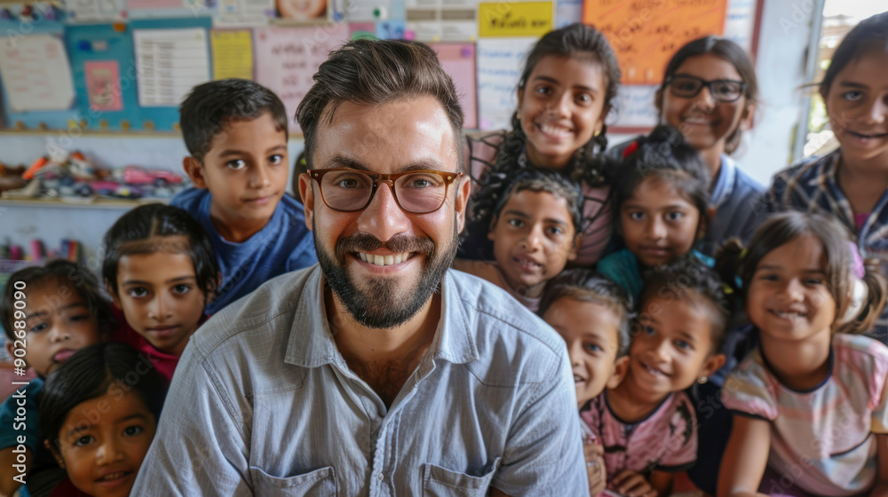 Fototapeta premium Teacher with diverse students smiling