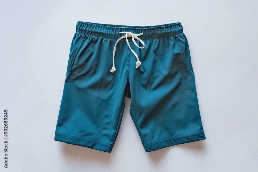 Top view of teal blue swim trunks isolated on white background Top view of teal blue swim trunks isolated on white background