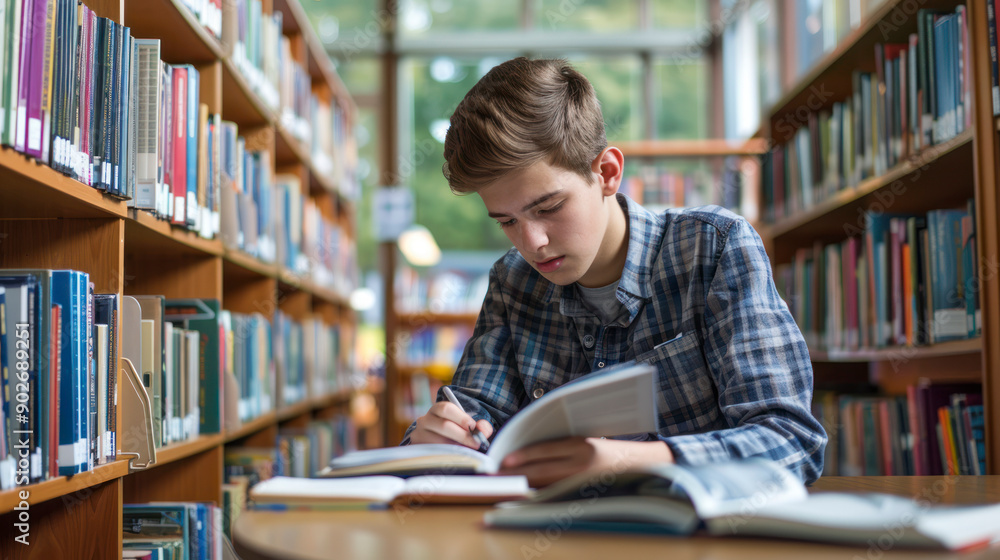 Young man reading a book in a library aisle, focused expression. Young man reading a book in a library aisle, focused expression.