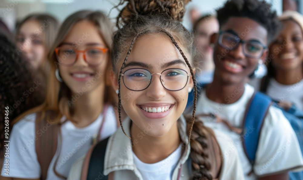 Fototapeta premium Happy diverse students posing together outdoors.
