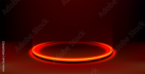 Red glowing ring on floor. Circle podium or teleport. Futuristic product stand template for pc gaming accessories. Red abstract hi-tech background for display technology product. Editable vector