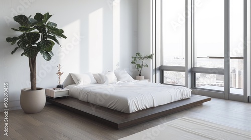 A minimalist bedroom with a platform bed, white linens, a simple nightstand, a large potted plant, and floor-to-ceiling windows.