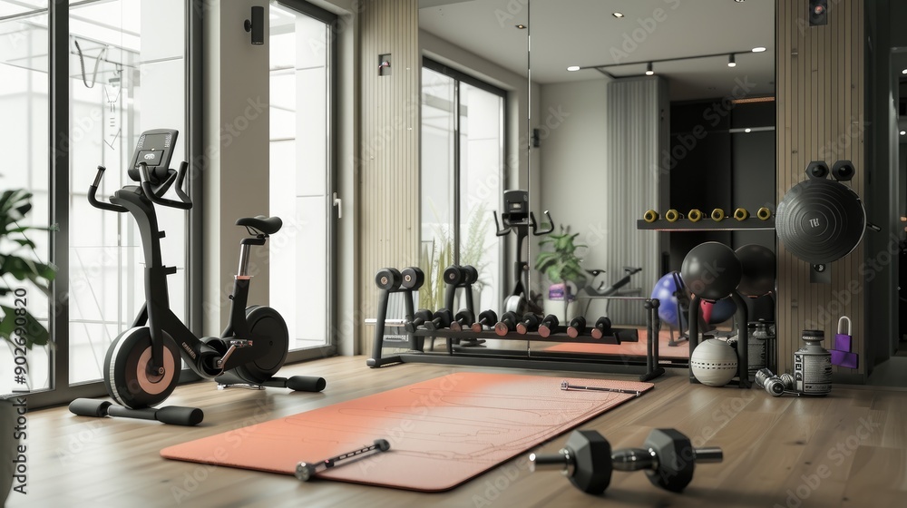 Fototapeta premium A minimalist home gym with a yoga mat, free weights, a stationary bike, and a large mirror on one wall.