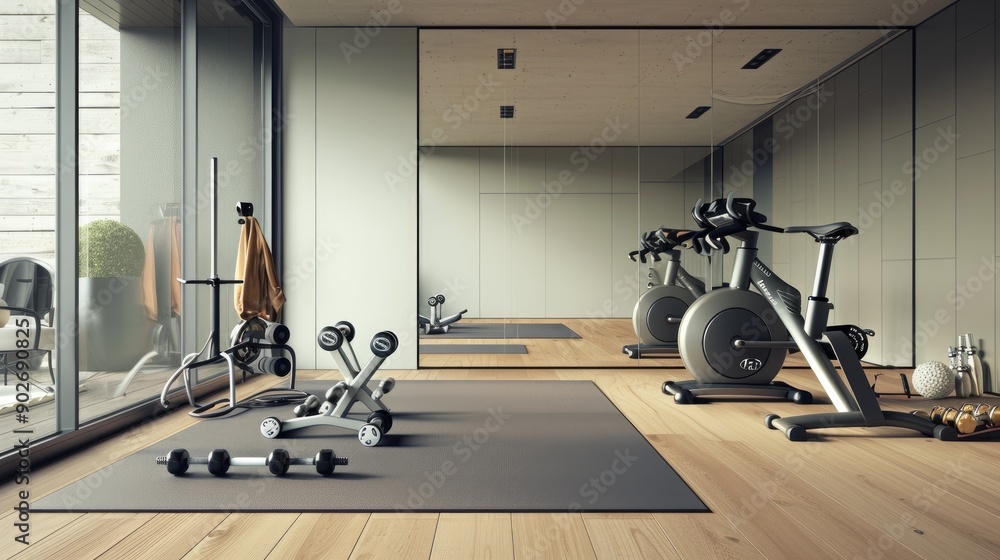 Obraz premium A minimalist home gym with a yoga mat, free weights, a stationary bike, and a large mirror on one wall.