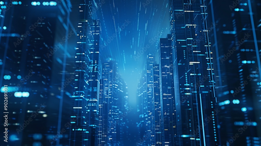 Futuristic Digital Cityscape with Neon Blue Lights and Data Streams Flowing Through Buildings Futuristic Digital Cityscape with Neon Blue Lights and Data Streams Flowing Through Buildings