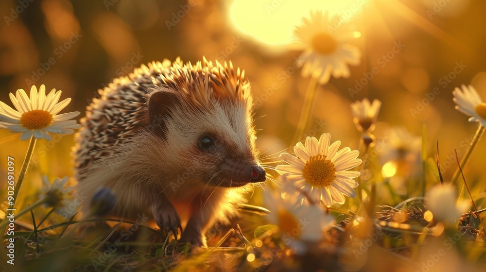 A baby hedgehog sniffing flowers in the morning sunlight A baby hedgehog sniffing flowers in the morning sunlight