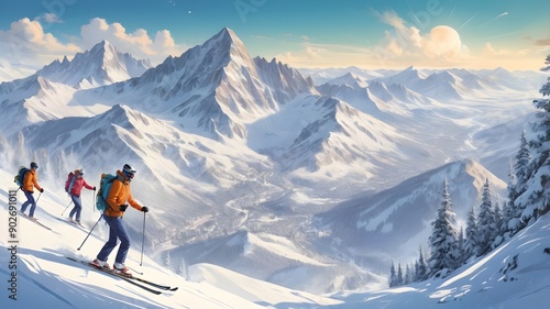 skiers on mountain trails with beautiful panoramas