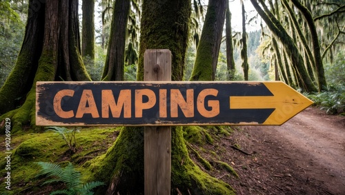 Camping Sign in Lush Forest with Arrow
