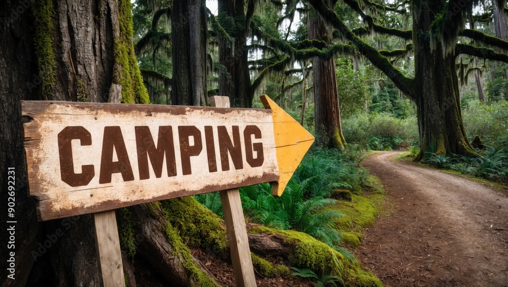 Camping Sign Pointing Towards Forest Trail
Camping Sign Pointing Towards Forest Trail