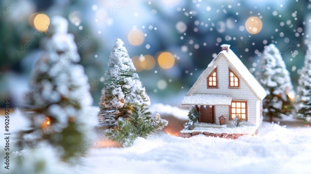 Christmas house in winter snowy forest. Xmas banner and poster. Snow-covered miniature house with warm lights, surrounded by snow and decorated trees, creating a magical winter night scene Christmas house in winter snowy forest. Xmas banner and poster. Snow-covered miniature house with warm lights, surrounded by snow and decorated trees, creating a magical winter night scene
