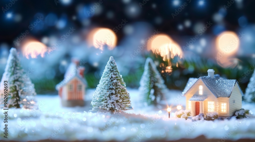 Christmas house in winter snowy forest. Xmas banner and poster. Snow-covered miniature house with warm lights, surrounded by snow and decorated trees, creating a magical winter night scene Christmas house in winter snowy forest. Xmas banner and poster. Snow-covered miniature house with warm lights, surrounded by snow and decorated trees, creating a magical winter night scene