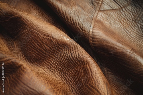 A close-up shot of a brown leather jacket with intricate details