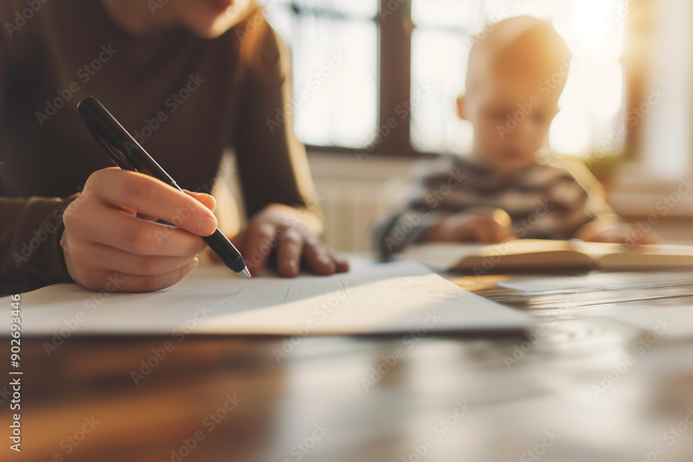 Woman mother or mom and little boy son doing homework, holding pen and looking at notebook on table. Parent and child homeschooling education, studying and learning Woman mother or mom and little boy son doing homework, holding pen and looking at notebook on table. Parent and child homeschooling education, studying and learning