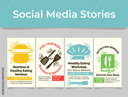 Nutrition healthy eating seminar wellness social media stories design template set vector flat