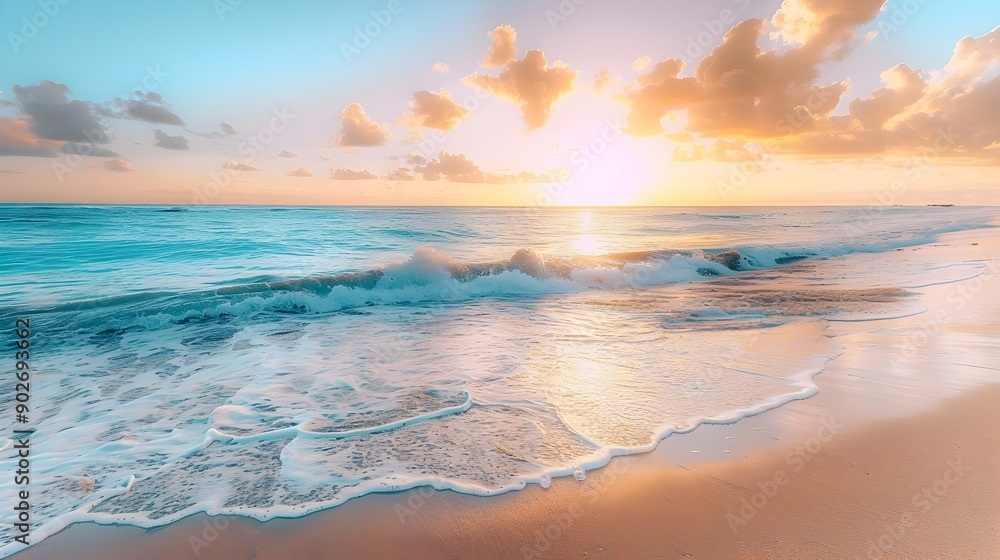 Serene Turquoise Beach with Captivating Golden Sunset and Gentle Waves Serene Turquoise Beach with Captivating Golden Sunset and Gentle Waves