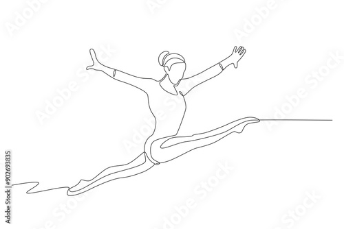 Gymnastics athlete woman jumping. Olympics gymnastics concept one-line drawing