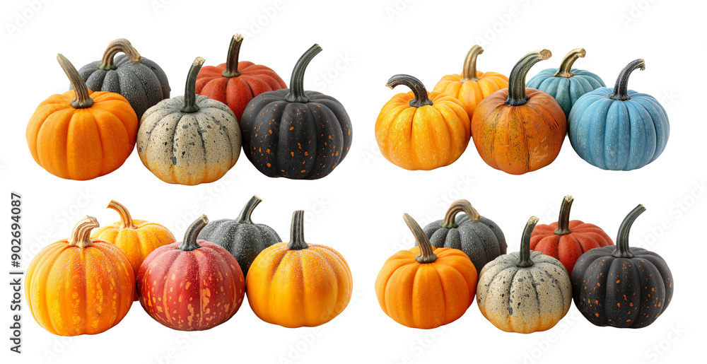Ripe pumpkins displayed in side view against a white backdrop, ideal for Halloween and Thanksgiving festivities. This design integrates elements of nature, food, and the autumn season, serving as a th