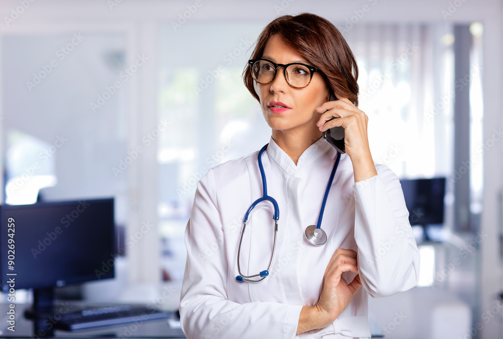 Brunette haired female doctor standing at the hospital and using a smarpthone Brunette haired female doctor standing at the hospital and using a smarpthone