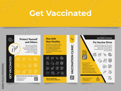 Get vaccinated protect yourself warning poster line element design template set vector flat