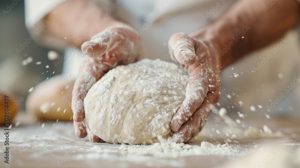A dynamic image capturing the mid-action of dough being kneaded with flour flying into the air, highlighting the vigorous process and the skillful handwork involved in bread making. A dynamic image capturing the mid-action of dough being kneaded with flour flying into the air, highlighting the vigorous process and the skillful handwork involved in bread making.