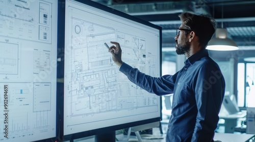 Architect reviewing architectural plans on a large digital screen in the office
