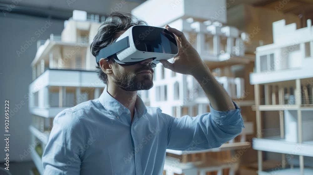Architect using virtual reality headset to explore digital architecture models Architect using virtual reality headset to explore digital architecture models