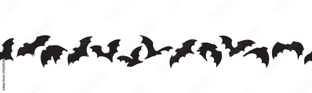 Halloween bat seamless border isolated on white background. Header for letters, websites, mailing lists. Bats for horror night holiday. Halloween black flying vampire bats. Halloween bat seamless border isolated on white background. Header for letters, websites, mailing lists. Bats for horror night holiday. Halloween black flying vampire bats.