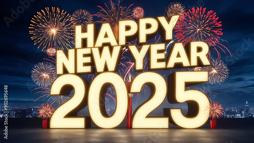 happy new year 2025, new year wish, 2025 text, 2025 3d shiny text with fireworks, AI Generative 