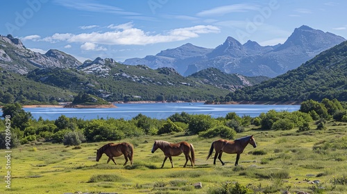 Wallpaper Mural Wild horses roam freely around Lac de Nino, a beautiful lake situated in Corsica, France. Torontodigital.ca